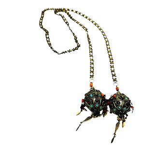 Vintage Lariat Gold Tone Chain Necklace Etruscan Style Fobs Round Dangles 37"